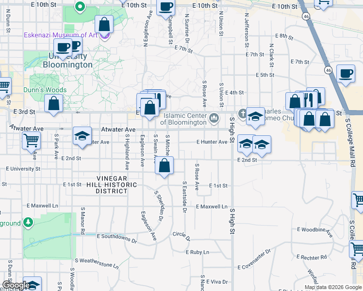 map of restaurants, bars, coffee shops, grocery stores, and more near 1700 East Hunter Avenue in Bloomington