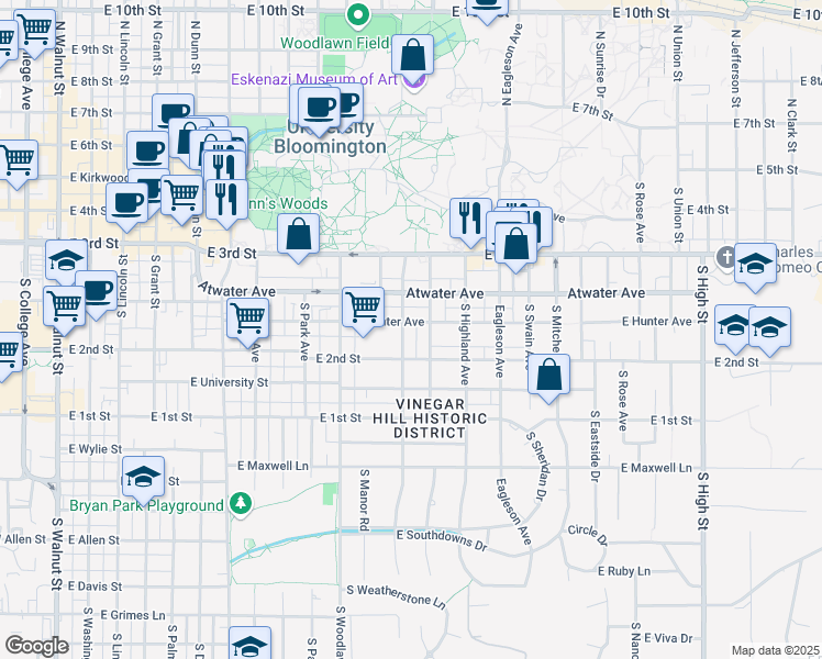 map of restaurants, bars, coffee shops, grocery stores, and more near 501 South Hawthorne Drive in Bloomington