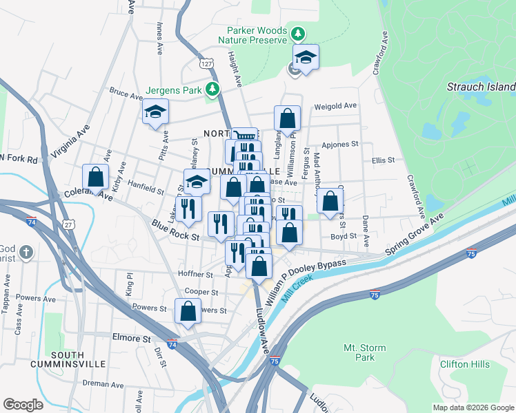 map of restaurants, bars, coffee shops, grocery stores, and more near 4135 Langland Street in Cincinnati