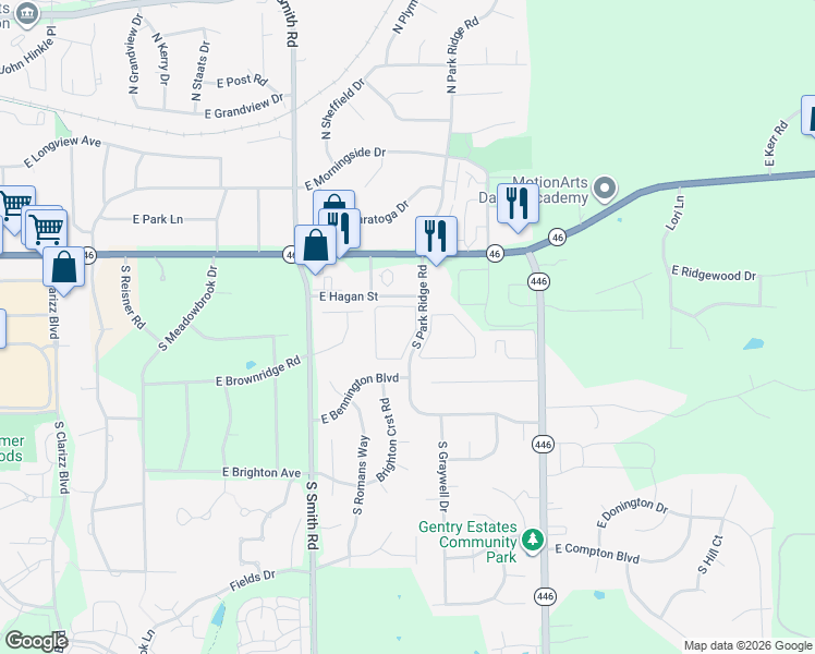 map of restaurants, bars, coffee shops, grocery stores, and more near 500 South Park Ridge Road in Bloomington