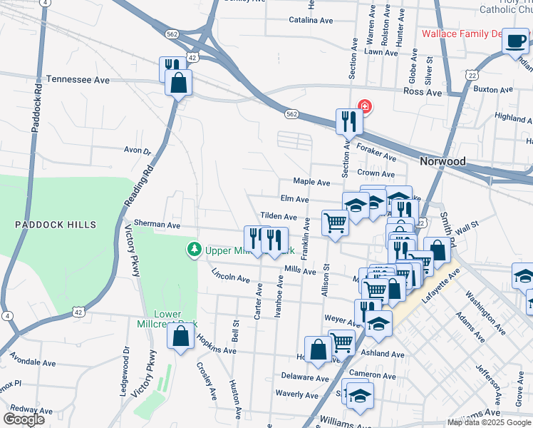map of restaurants, bars, coffee shops, grocery stores, and more near 1812 Tilden Avenue in Norwood