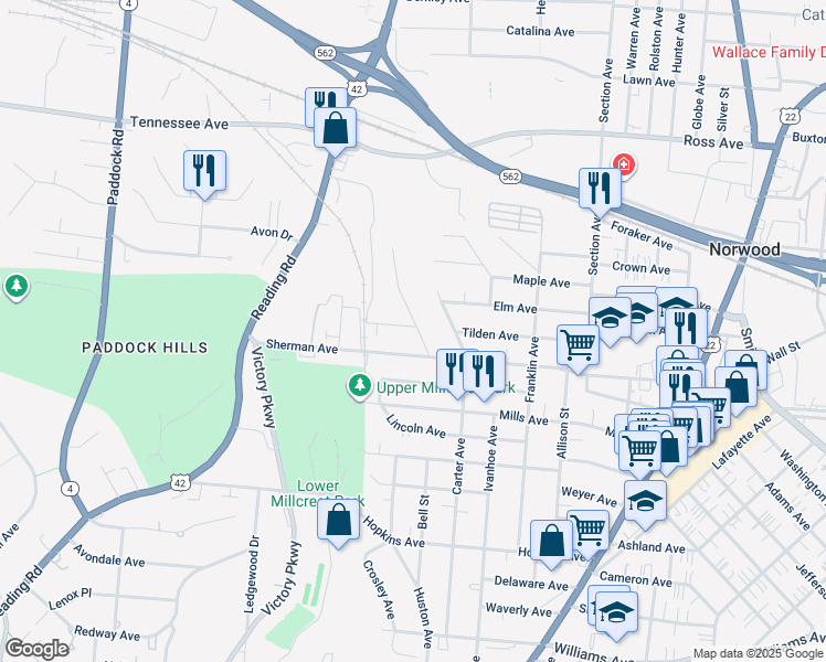 map of restaurants, bars, coffee shops, grocery stores, and more near 4620 Mc Neil Avenue in Cincinnati