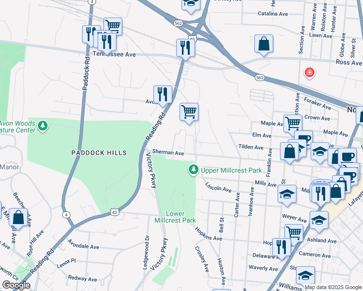 map of restaurants, bars, coffee shops, grocery stores, and more near 1578 Sherman Avenue in Cincinnati