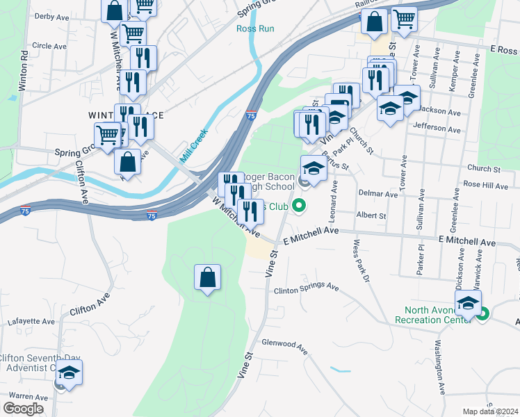 map of restaurants, bars, coffee shops, grocery stores, and more near 35 Wuest Street in Cincinnati