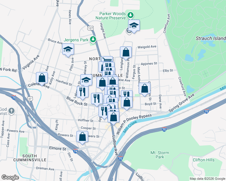 map of restaurants, bars, coffee shops, grocery stores, and more near 4135 Langland Street in Cincinnati