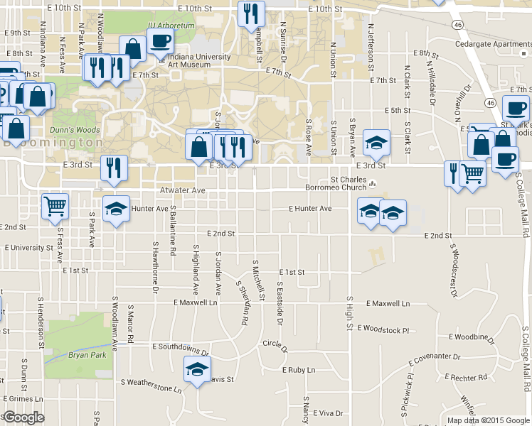 map of restaurants, bars, coffee shops, grocery stores, and more near 501 South Mitchell Street in Bloomington