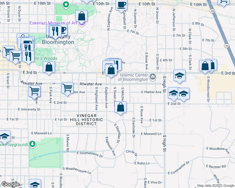 map of restaurants, bars, coffee shops, grocery stores, and more near 500 South Swain Avenue in Bloomington