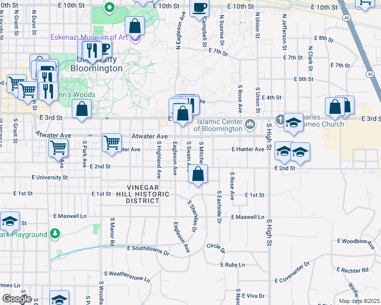 map of restaurants, bars, coffee shops, grocery stores, and more near 500 South Swain Avenue in Bloomington