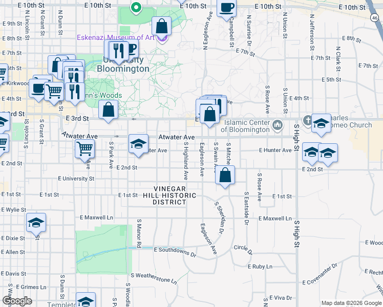 map of restaurants, bars, coffee shops, grocery stores, and more near 1310 East Hunter Avenue in Bloomington