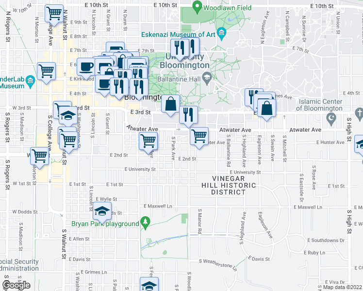 map of restaurants, bars, coffee shops, grocery stores, and more near 822 East Hunter Avenue in Bloomington