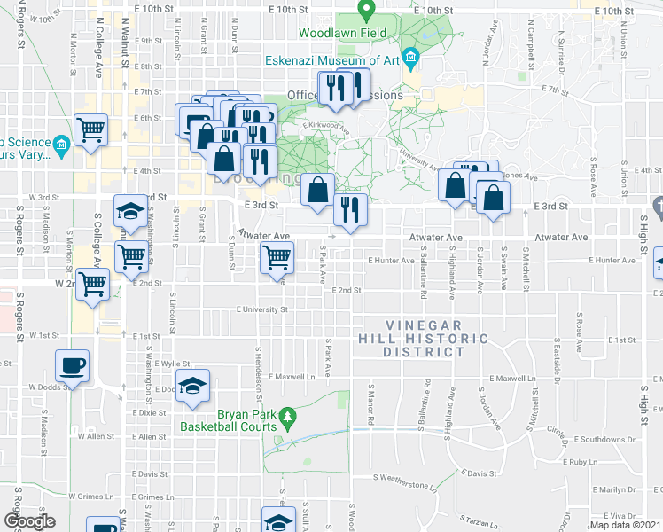 map of restaurants, bars, coffee shops, grocery stores, and more near 822 East Hunter Avenue in Bloomington