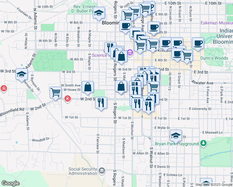 map of restaurants, bars, coffee shops, grocery stores, and more near 411 West Howe Street in Bloomington