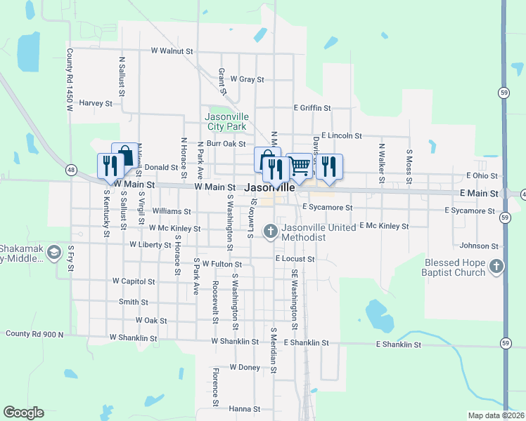 map of restaurants, bars, coffee shops, grocery stores, and more near 114 Cook St in Jasonville