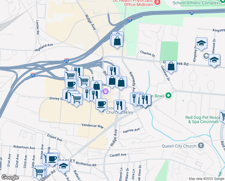 map of restaurants, bars, coffee shops, grocery stores, and more near 3401 Alamo Avenue in Cincinnati