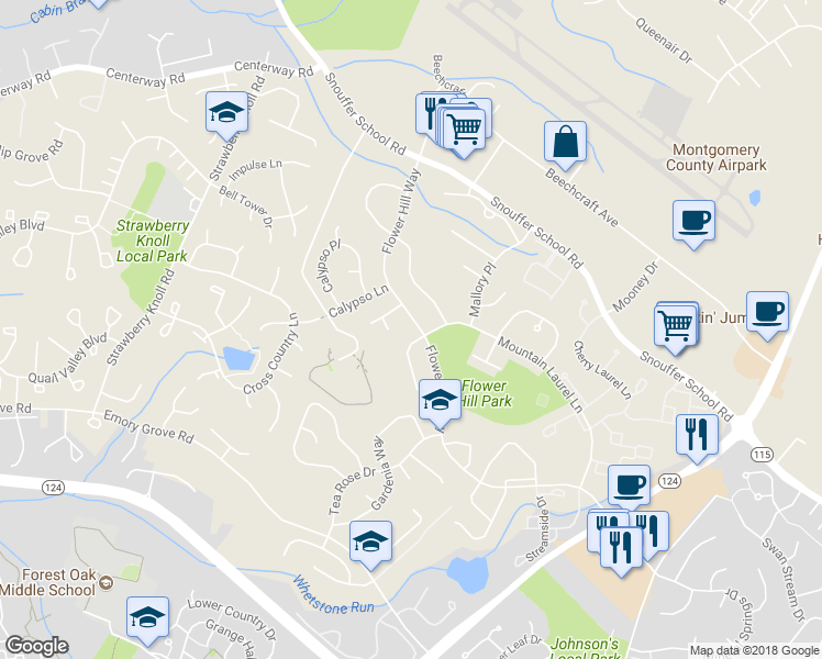 map of restaurants, bars, coffee shops, grocery stores, and more near 18604 Flower Hill Way in Gaithersburg
