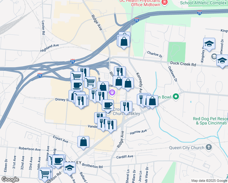 map of restaurants, bars, coffee shops, grocery stores, and more near 3399 Alamo Avenue in Cincinnati