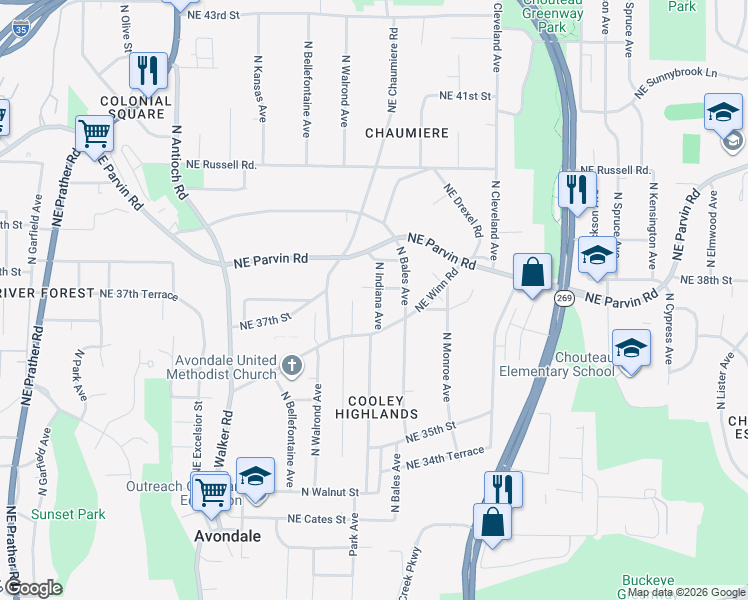 map of restaurants, bars, coffee shops, grocery stores, and more near 3728 North Indiana Avenue in Kansas City