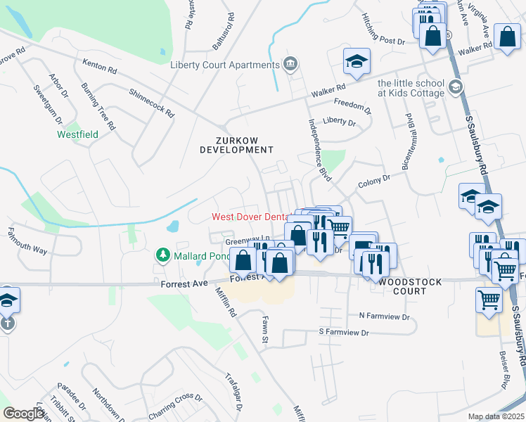 map of restaurants, bars, coffee shops, grocery stores, and more near 131 Periwinkle Dr in Dover
