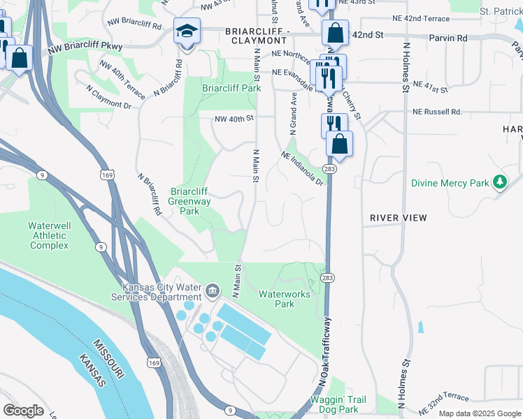 map of restaurants, bars, coffee shops, grocery stores, and more near 3636 N Walnut St in Kansas City