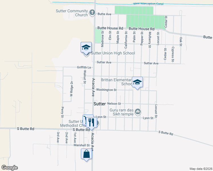 map of restaurants, bars, coffee shops, grocery stores, and more near 2340 Elm Street in Sutter