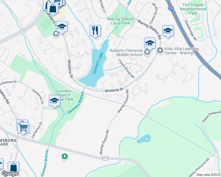 map of restaurants, bars, coffee shops, grocery stores, and more near 18700 White Sands Drive in Germantown