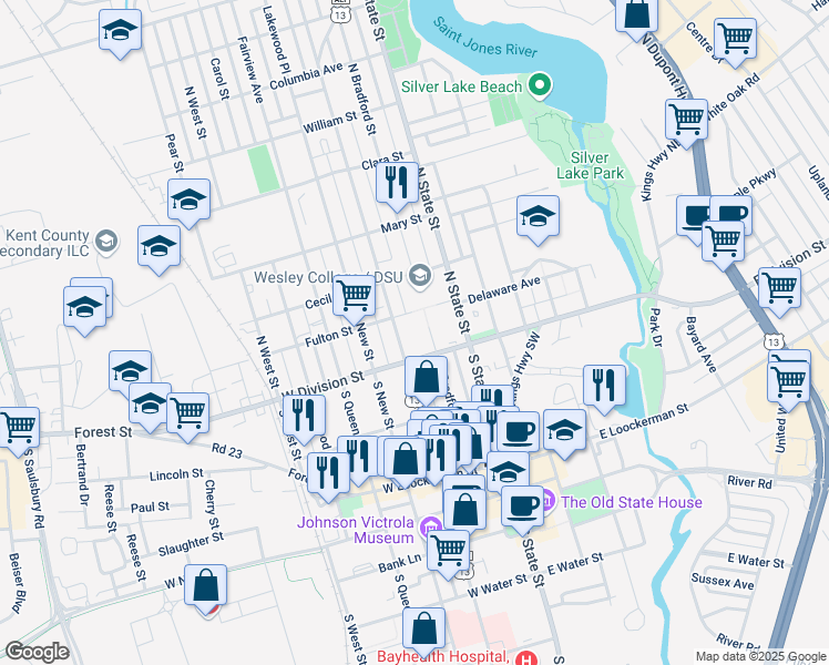 map of restaurants, bars, coffee shops, grocery stores, and more near 39 North Governors Avenue in Dover