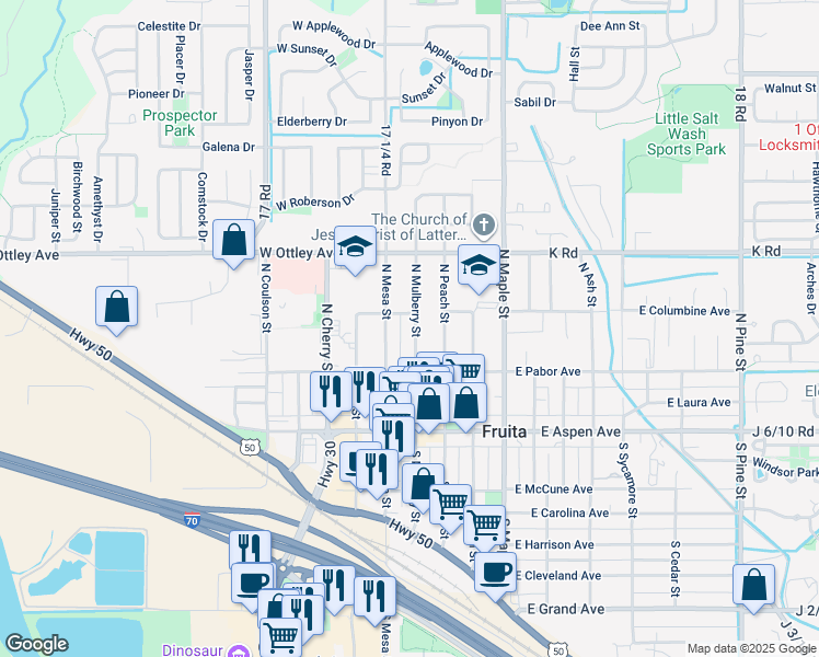 map of restaurants, bars, coffee shops, grocery stores, and more near 254 North Mulberry Street in Fruita