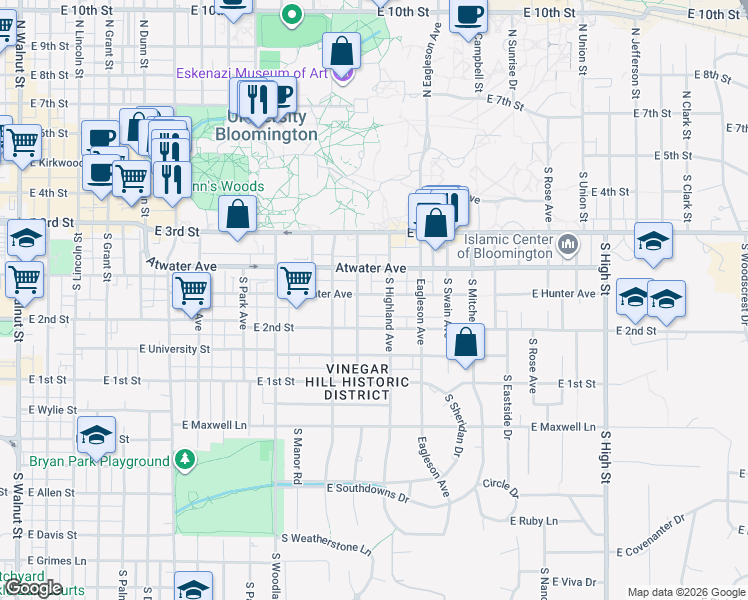 map of restaurants, bars, coffee shops, grocery stores, and more near 1216 East Hunter Avenue in Bloomington