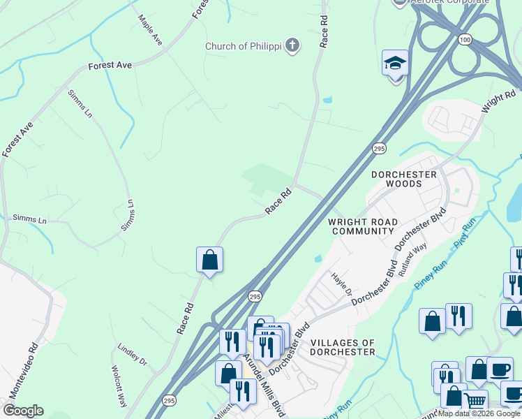 map of restaurants, bars, coffee shops, grocery stores, and more near 7500 Race Road in Hanover