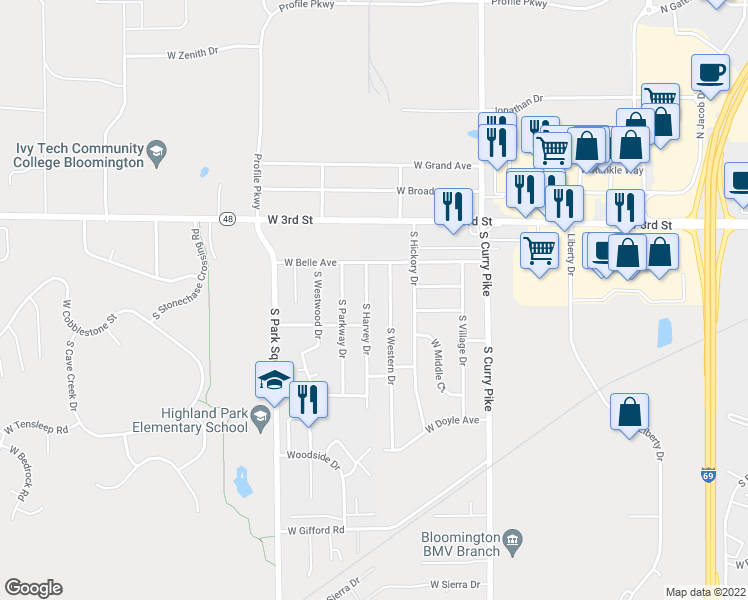 map of restaurants, bars, coffee shops, grocery stores, and more near 519 South Harvey Drive in Bloomington