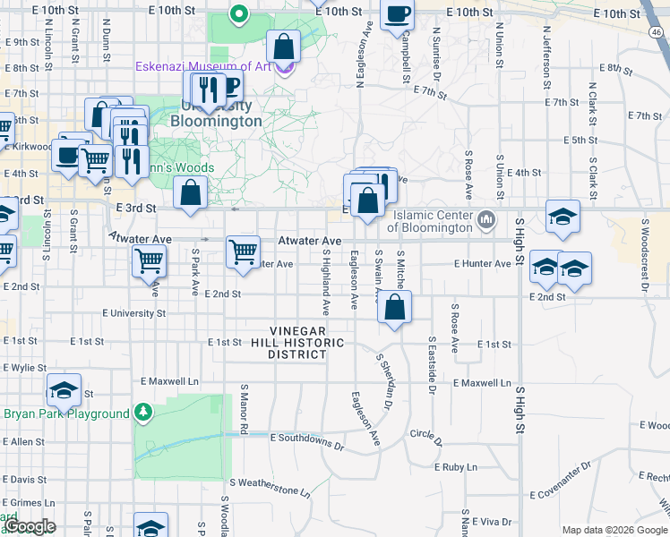 map of restaurants, bars, coffee shops, grocery stores, and more near 1310 East Hunter Avenue in Bloomington