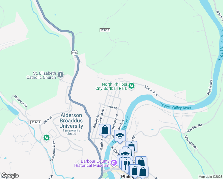 map of restaurants, bars, coffee shops, grocery stores, and more near 446 Locust Avenue in Philippi