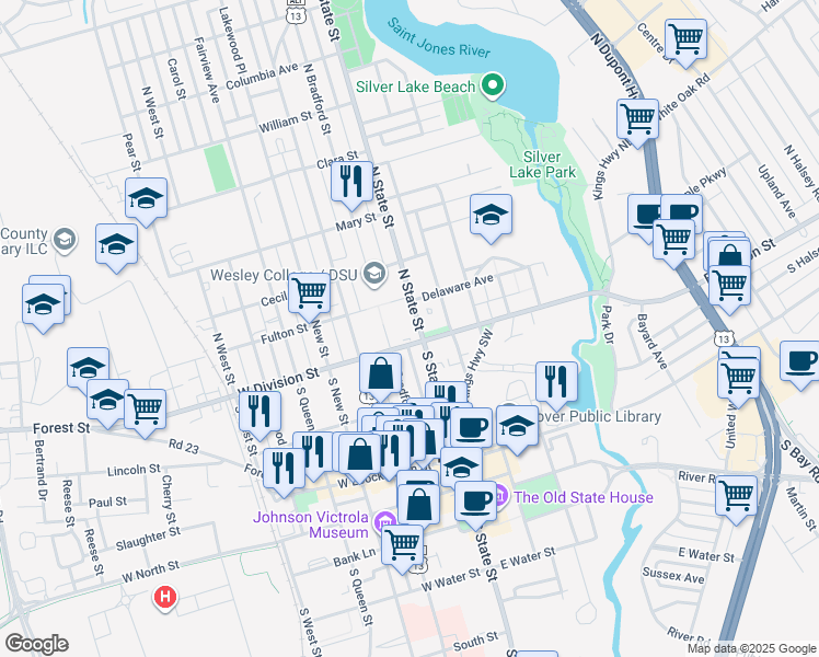 map of restaurants, bars, coffee shops, grocery stores, and more near 16 North State Street in Dover