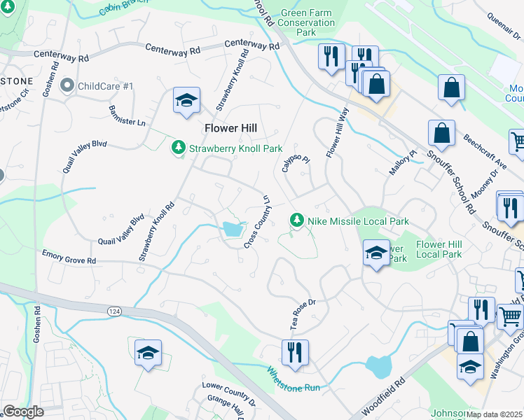 map of restaurants, bars, coffee shops, grocery stores, and more near 18828 Cross Country Lane in Gaithersburg