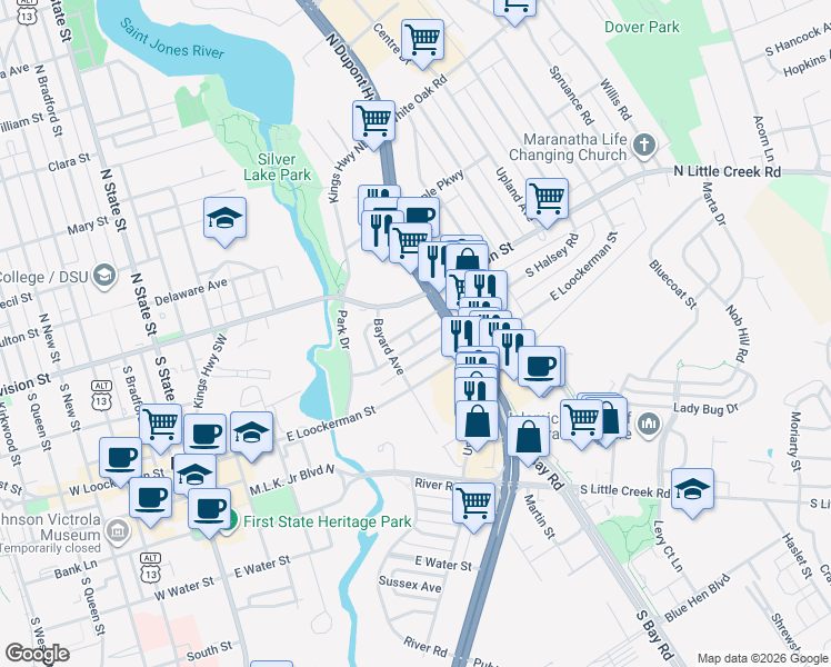 map of restaurants, bars, coffee shops, grocery stores, and more near 521 Greenhill Road in Dover