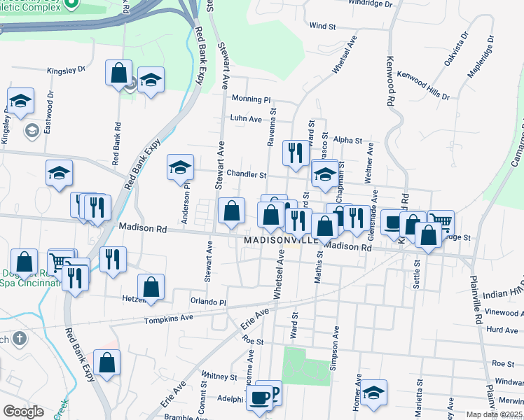 map of restaurants, bars, coffee shops, grocery stores, and more near 5109 Ravenna Street in Cincinnati