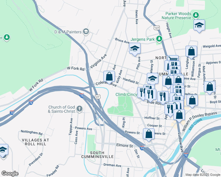 map of restaurants, bars, coffee shops, grocery stores, and more near 4215 Colerain Avenue in Cincinnati