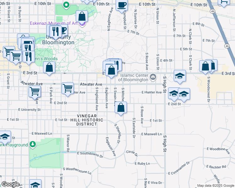 map of restaurants, bars, coffee shops, grocery stores, and more near 500 South Swain Avenue in Bloomington