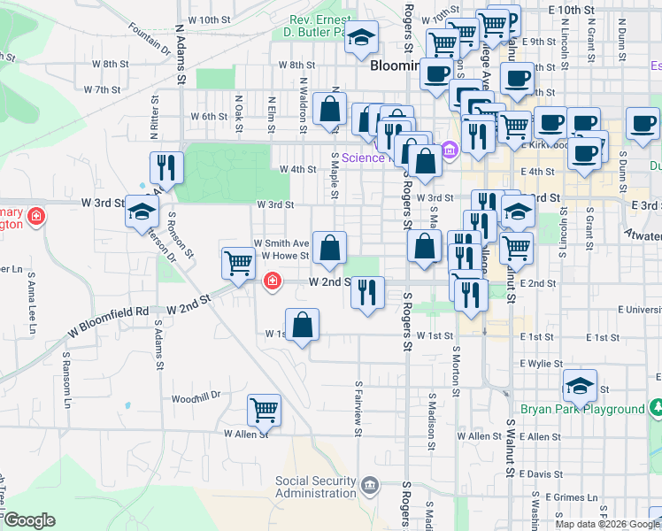 map of restaurants, bars, coffee shops, grocery stores, and more near 508 South Maple Street in Bloomington