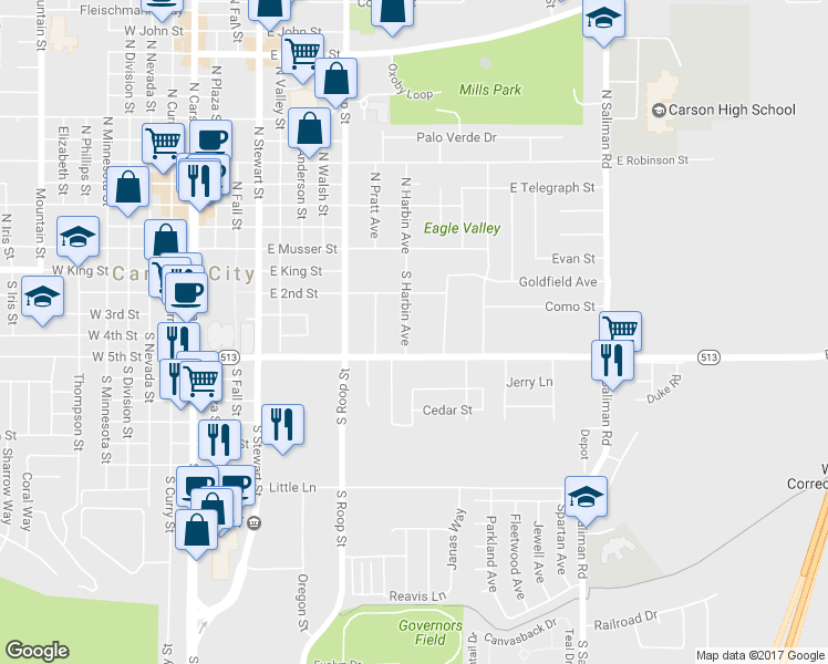 map of restaurants, bars, coffee shops, grocery stores, and more near 229 South Harbin Avenue in Carson City