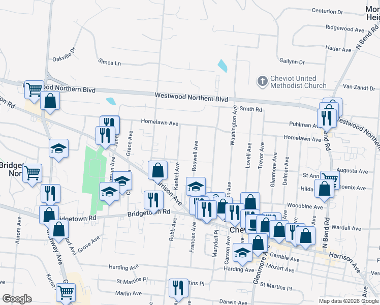 map of restaurants, bars, coffee shops, grocery stores, and more near 3961 Roswell Avenue in Cincinnati