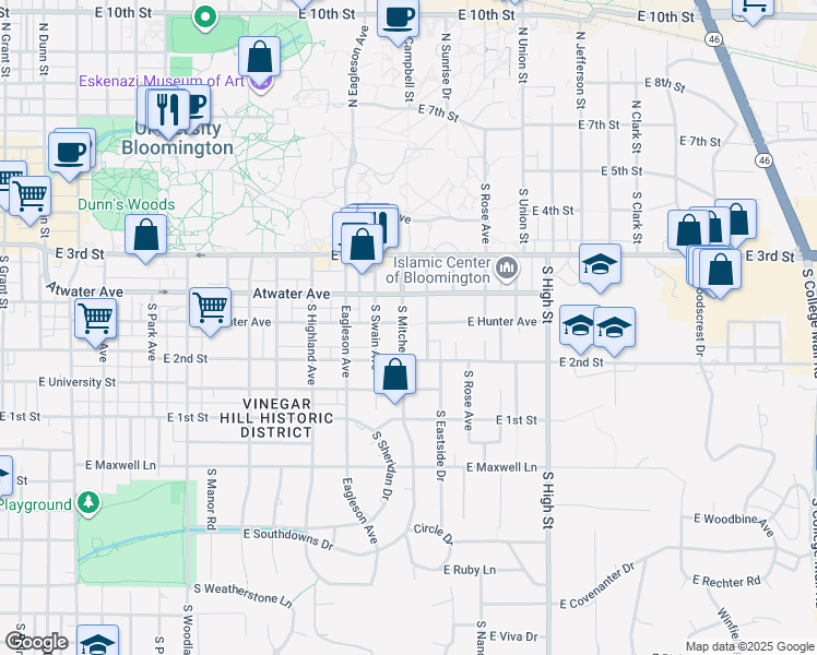 map of restaurants, bars, coffee shops, grocery stores, and more near 501 South Mitchell Street in Bloomington