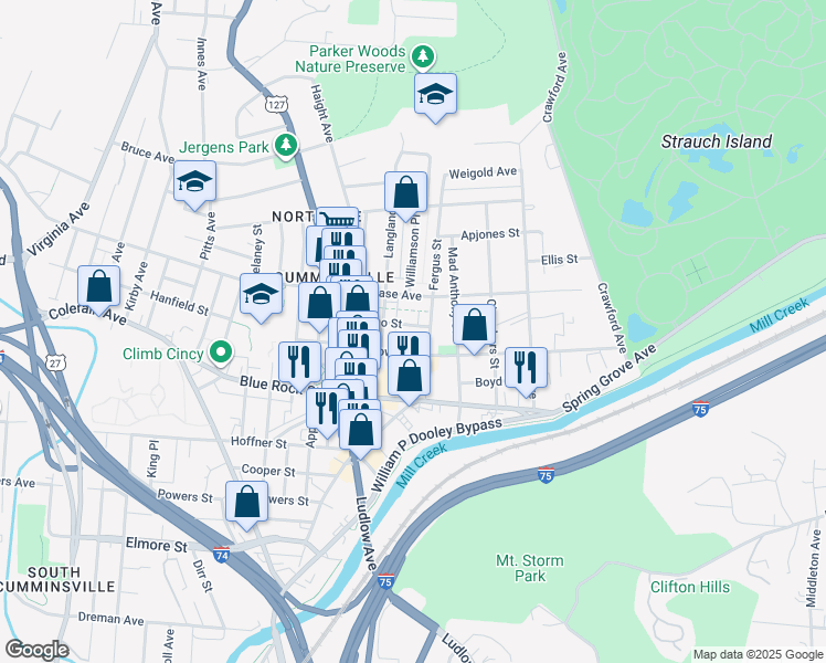 map of restaurants, bars, coffee shops, grocery stores, and more near 1515 Lingo Street in Cincinnati