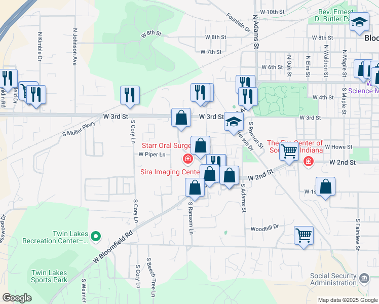 map of restaurants, bars, coffee shops, grocery stores, and more near 451 South Landmark Avenue in Bloomington