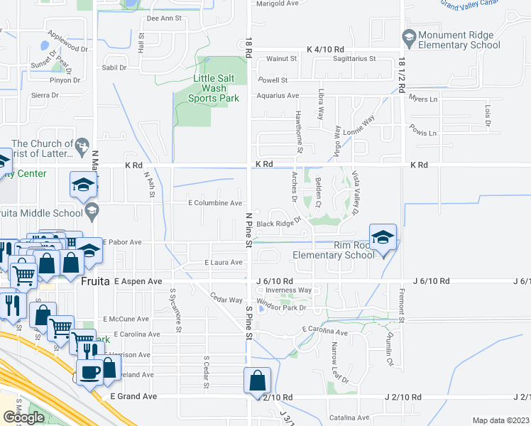 map of restaurants, bars, coffee shops, grocery stores, and more near 257 Westwater Circle in Fruita
