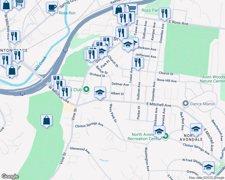 map of restaurants, bars, coffee shops, grocery stores, and more near 4236 Bertus Street in Cincinnati