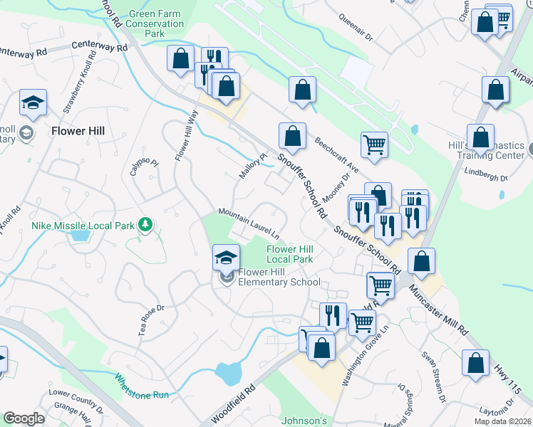 map of restaurants, bars, coffee shops, grocery stores, and more near 8205 Everbloom Court in Gaithersburg