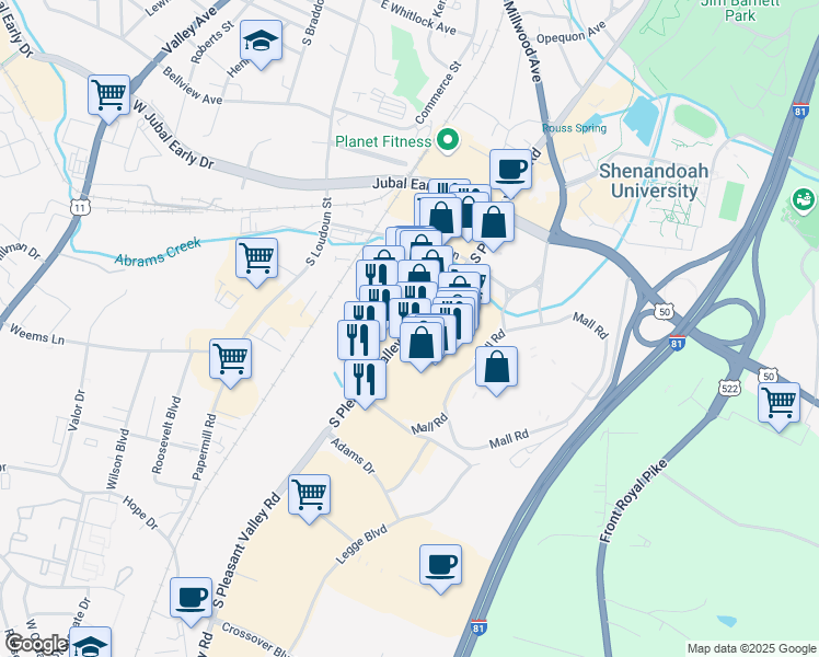 map of restaurants, bars, coffee shops, grocery stores, and more near 2047 South Pleasant Valley Road in Winchester