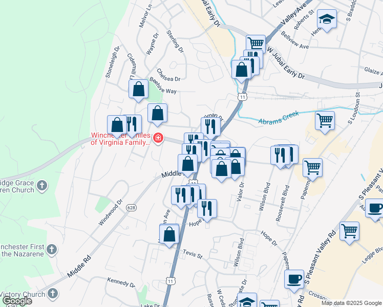 map of restaurants, bars, coffee shops, grocery stores, and more near 2207 Valley Avenue in Winchester