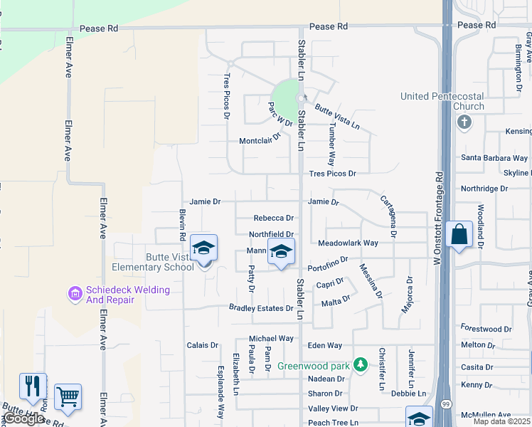 map of restaurants, bars, coffee shops, grocery stores, and more near 1673 Rebecca Drive in Yuba City